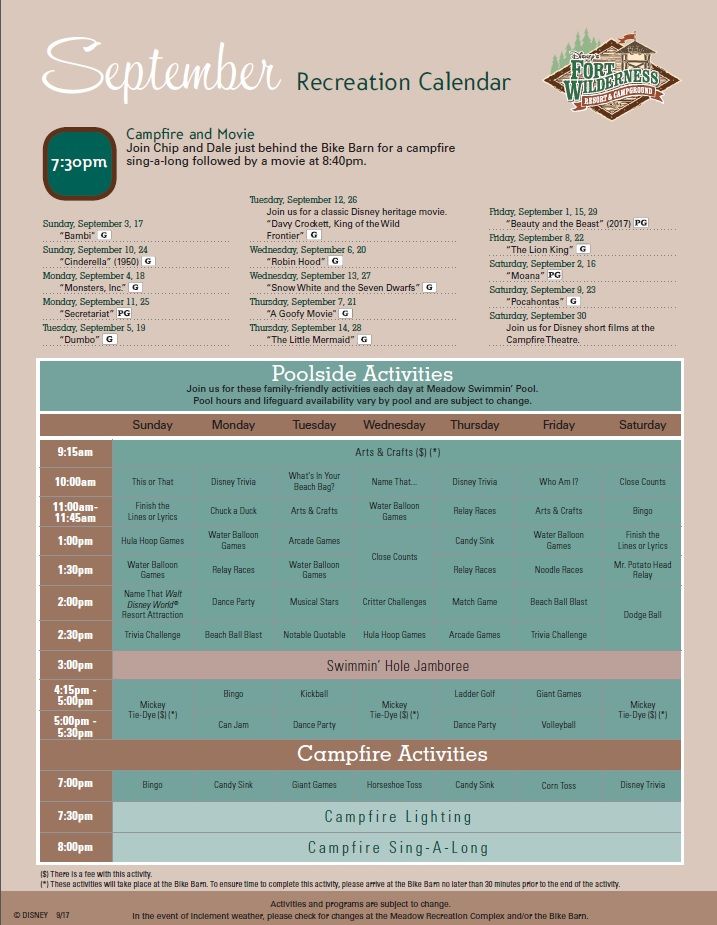 September 2017 Fort Wilderness Recreation Calendar General Camping